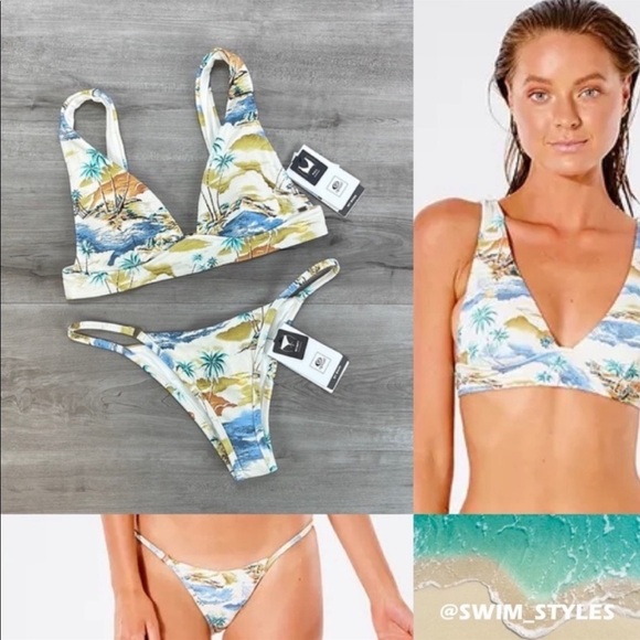 ☀️RIP CURL☀️ POSTCARDS DEEP V TOP POSTCARDS SKIMPY PANT BIKINI SET - Picture 1 of 17